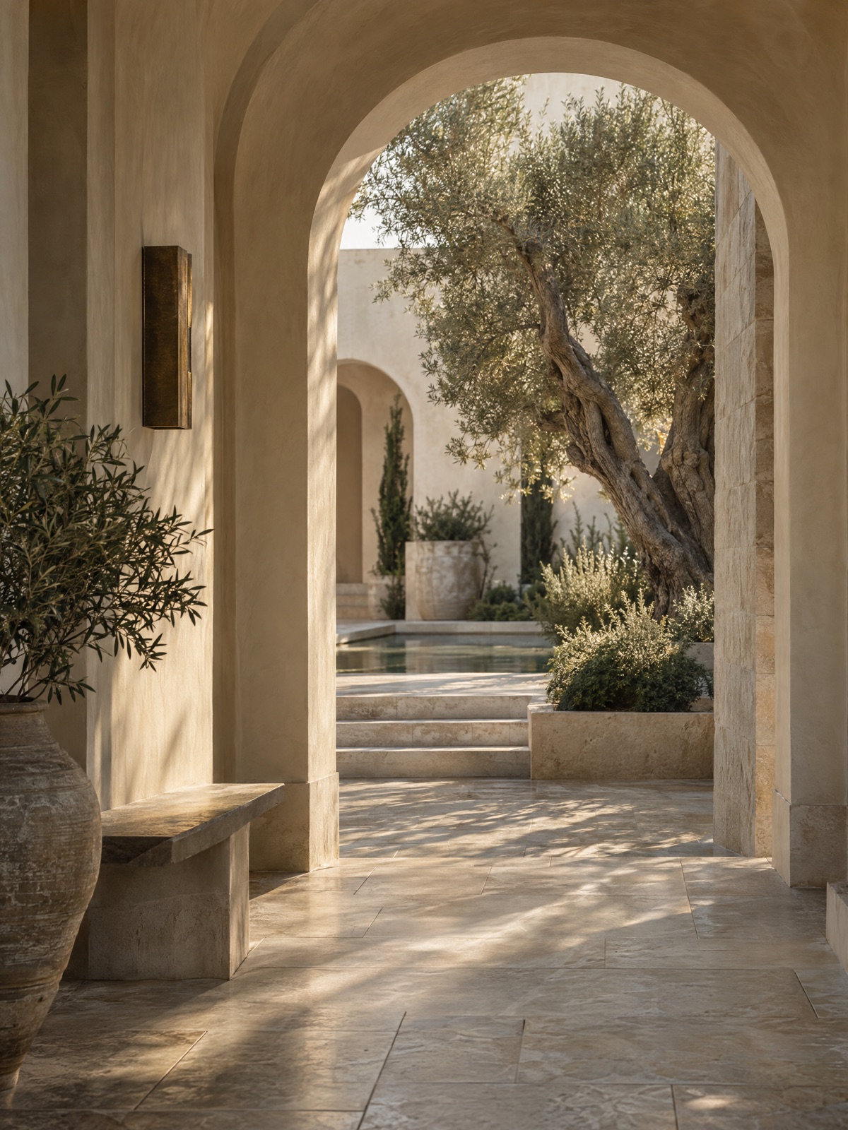 Illustrative sunlit stone arch opening onto a calm courtyard